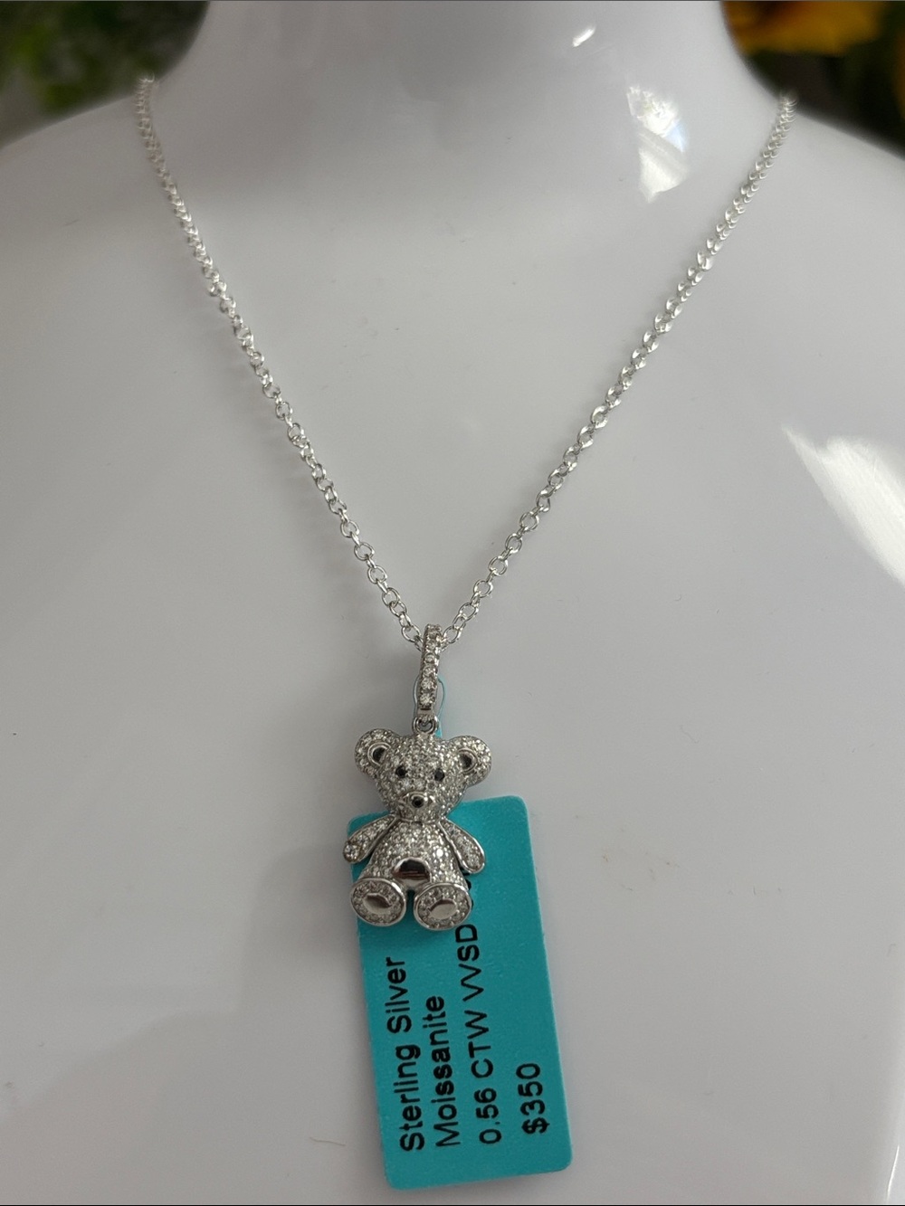 Sterling Silver Moissanite Teddy Bear Pendant Necklace, 0.56 CTW, WSD Color